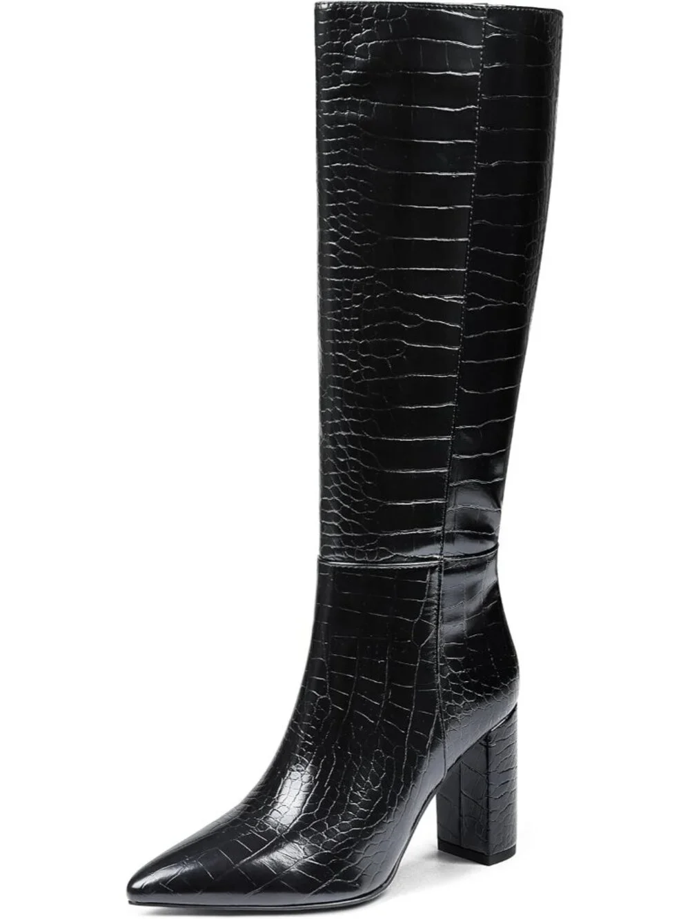 Women's Black Chunky Heel Pointed Toe Non Slip Side Zipper Knee High Boots